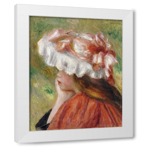 Head of a Young Girl In a Red Hat White Modern Wood Framed Art Print by Renoir, Pierre-Auguste