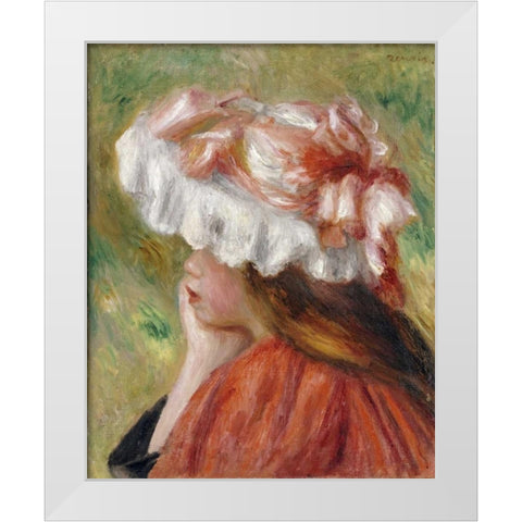 Head of a Young Girl In a Red Hat White Modern Wood Framed Art Print by Renoir, Pierre-Auguste