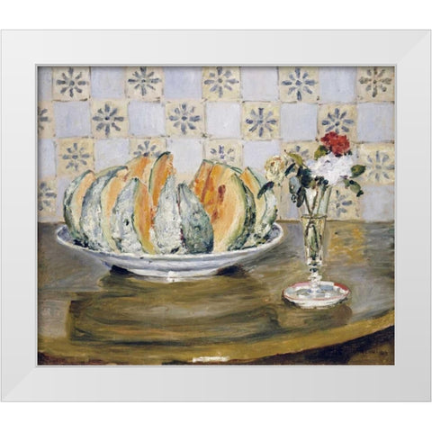 Still Life of a Melon and a Vase of Flowers White Modern Wood Framed Art Print by Renoir, Pierre-Auguste