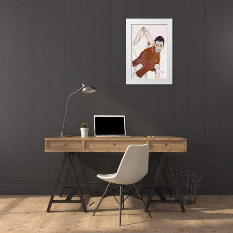 Self Portrait In a Jerkin White Modern Wood Framed Art Print by Schiele, Egon