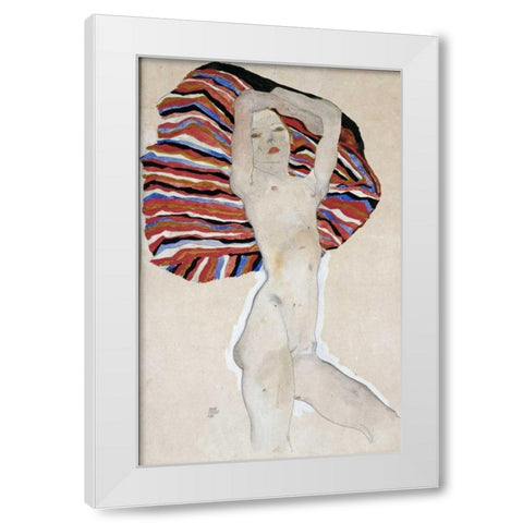Nude with Colored Fabric, 1911 White Modern Wood Framed Art Print by Schiele, Egon