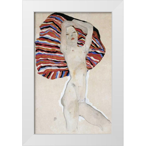Nude with Colored Fabric, 1911 White Modern Wood Framed Art Print by Schiele, Egon