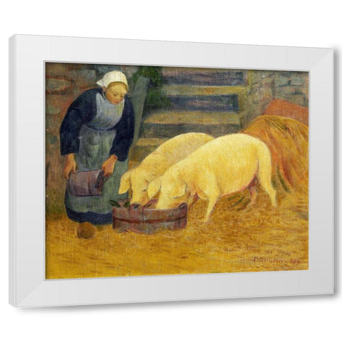 A Young Girl Feeding Two Pigs White Modern Wood Framed Art Print by Serusier, Paul