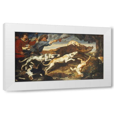 A Boar Hunt White Modern Wood Framed Art Print by Snyders, Frans