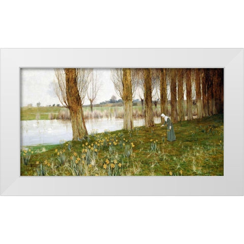 The Amber Vale, a Host of Golden Daffodils White Modern Wood Framed Art Print by Sowerby, John George