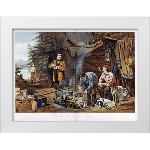 Camping In The Woods - a Good Time Coming White Modern Wood Framed Art Print by Tait, Arthur Fitzwilliam
