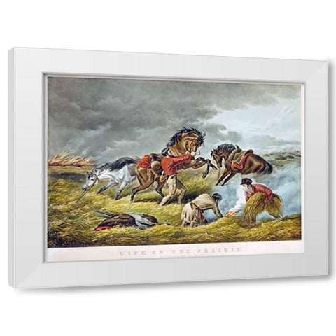 Life On The Prairie - The Trappers Defense, Fire Fight Fire White Modern Wood Framed Art Print by Tait, Arthur Fitzwilliam