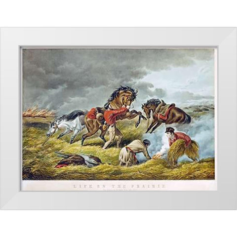 Life On The Prairie - The Trappers Defense, Fire Fight Fire White Modern Wood Framed Art Print by Tait, Arthur Fitzwilliam