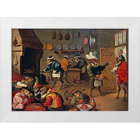 Les Singes Cuisiniers. The Monkeys Cooks White Modern Wood Framed Art Print by II, David
