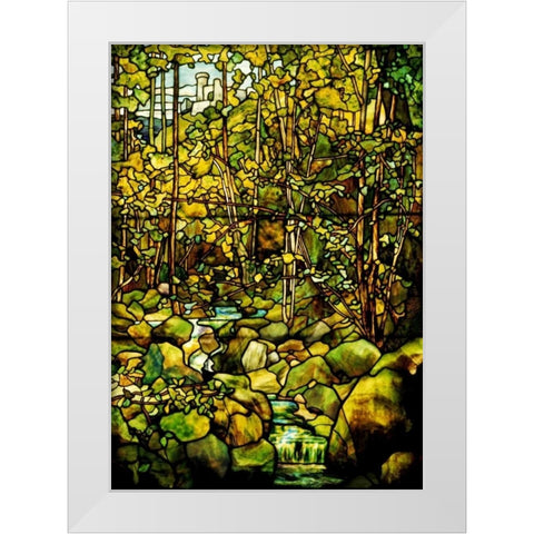 A Leaded Glass Window of a Woodland Scene White Modern Wood Framed Art Print by Tiffany Studios