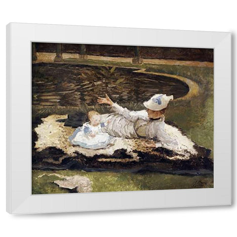 Mrs Newton With a Child By a Pool White Modern Wood Framed Art Print by Tissot, James Jacques