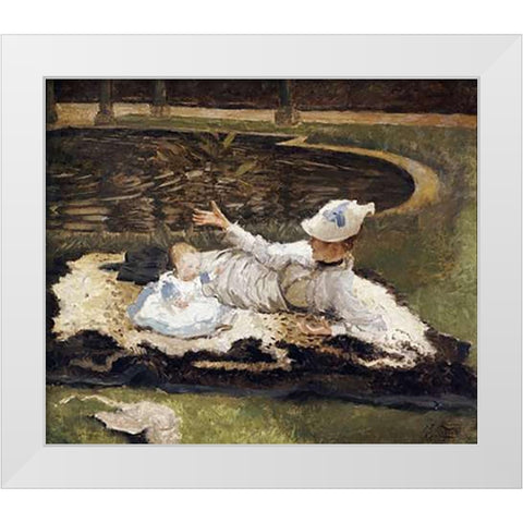 Mrs Newton With a Child By a Pool White Modern Wood Framed Art Print by Tissot, James Jacques