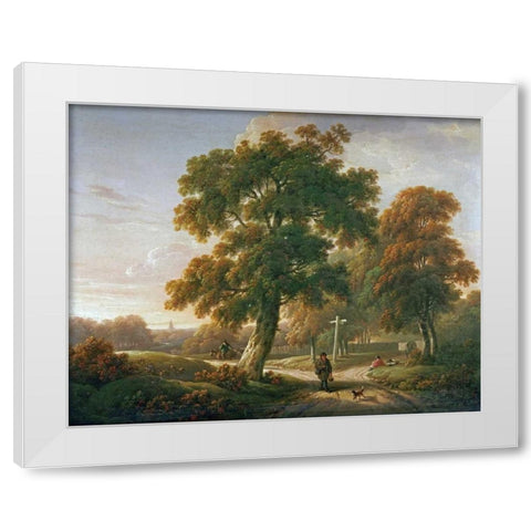 Travellers at a Crossroads In a Wooded Landscape White Modern Wood Framed Art Print by Towne, Charles