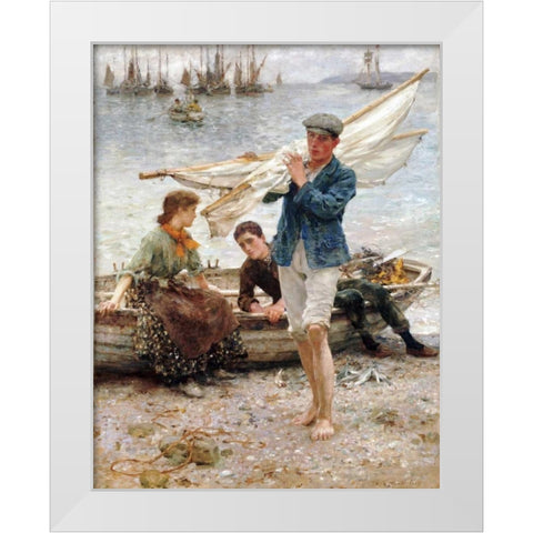 Return From Fishing White Modern Wood Framed Art Print by Tuke, Henry Scott
