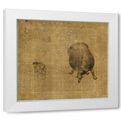 Small Boy Struggling To Lead a Water Buffalo White Modern Wood Framed Art Print by Unknown