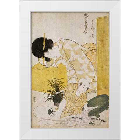 A Mother Dozing While Her Child Topples a Fish Bowl White Modern Wood Framed Art Print by Utamaro, Kitagawa