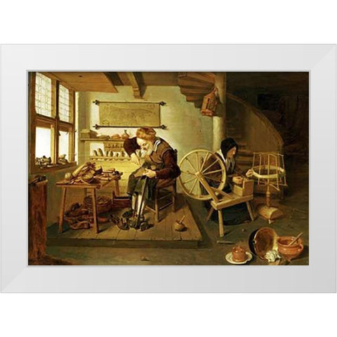 The Interior of a Cobblers Shop White Modern Wood Framed Art Print by Van Brekelenkam, Gerritsz Quiryn