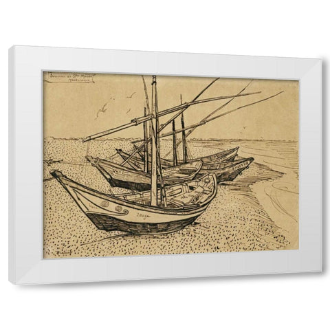 Boats On The Beach at Saintes-Maries-De-La-Mer White Modern Wood Framed Art Print by Van Gogh, Vincent
