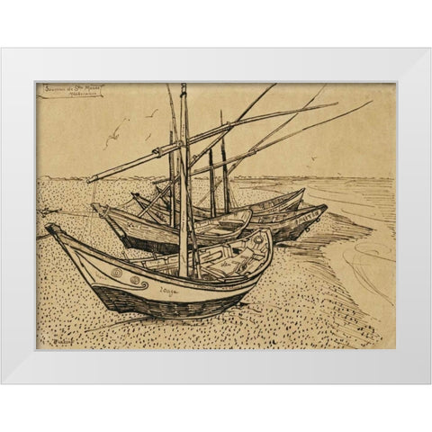 Boats On The Beach at Saintes-Maries-De-La-Mer White Modern Wood Framed Art Print by Van Gogh, Vincent