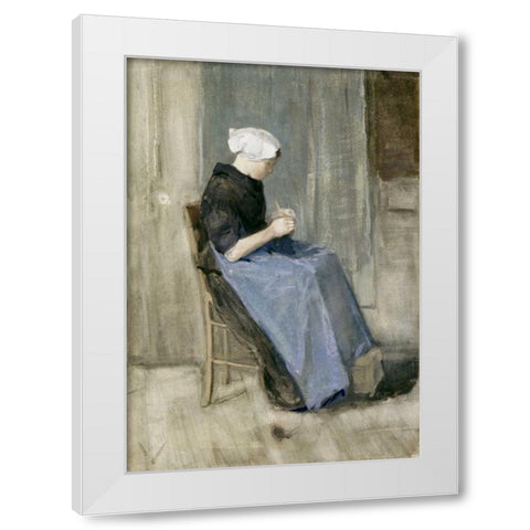 A Young Scheveningen Woman Knitting White Modern Wood Framed Art Print by Van Gogh, Vincent