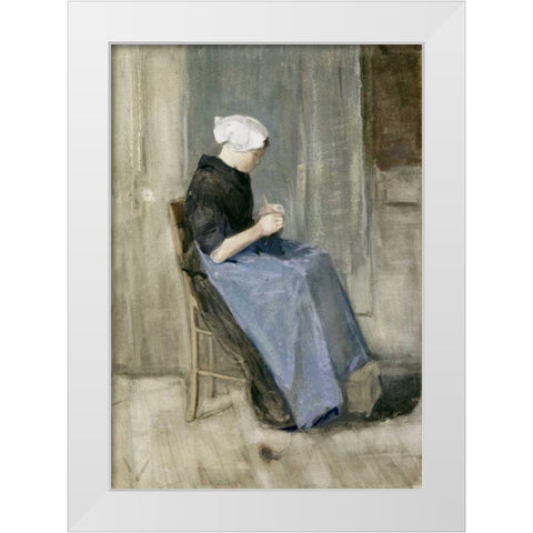 A Young Scheveningen Woman Knitting White Modern Wood Framed Art Print by Van Gogh, Vincent