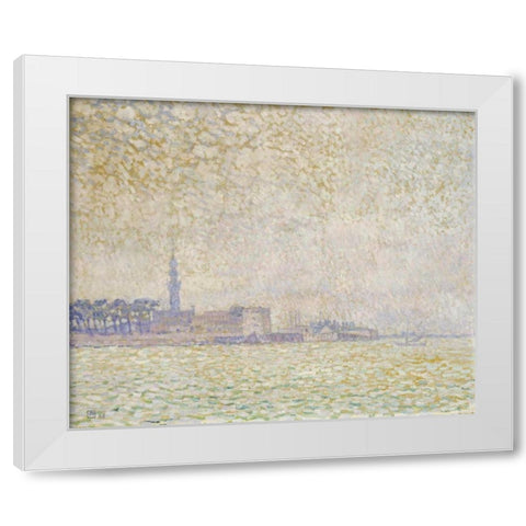 A View of Veere, Misty Morning White Modern Wood Framed Art Print by Van Rysselberghe, Theo