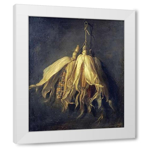 Three Corncobs Hanging From a Nail White Modern Wood Framed Art Print by Spaendonck, Cornelis Van