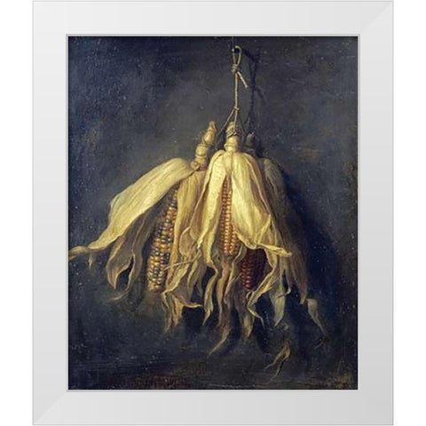 Three Corncobs Hanging From a Nail White Modern Wood Framed Art Print by Spaendonck, Cornelis Van