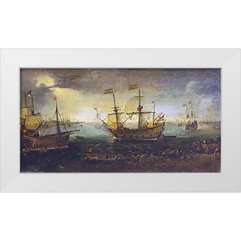 3 Master Firing a Saluted White Modern Wood Framed Art Print by Van Wieringen, Cornelis Claesz