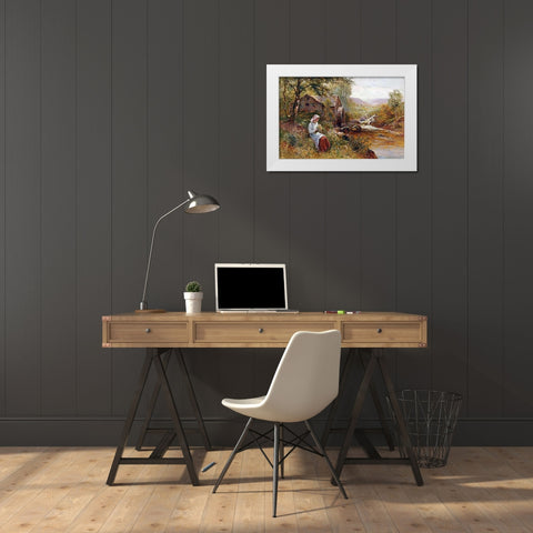 A Young Girl Picking Spring Flowers White Modern Wood Framed Art Print by Walbourn, Ernest