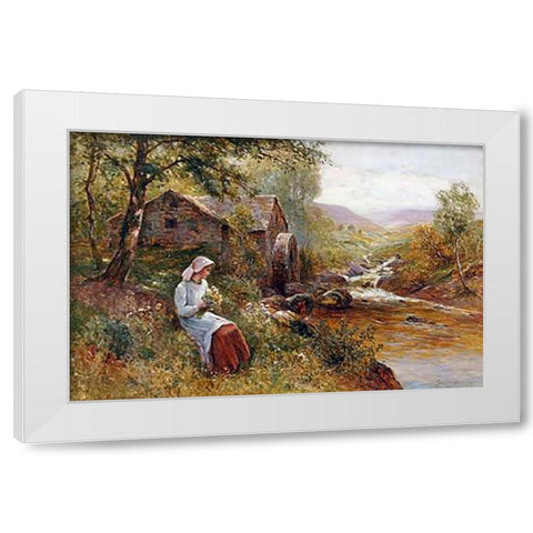 A Young Girl Picking Spring Flowers White Modern Wood Framed Art Print by Walbourn, Ernest