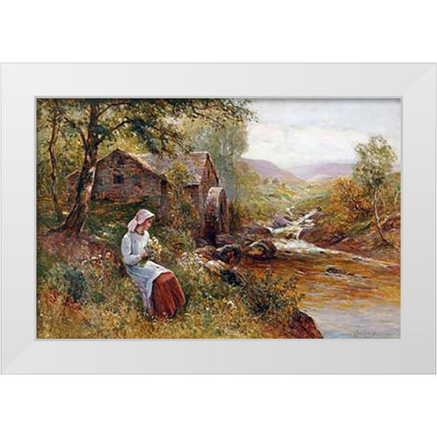 A Young Girl Picking Spring Flowers White Modern Wood Framed Art Print by Walbourn, Ernest