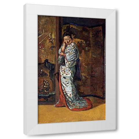 A Japanese Woman In An Interior White Modern Wood Framed Art Print by Wirgman, Charles
