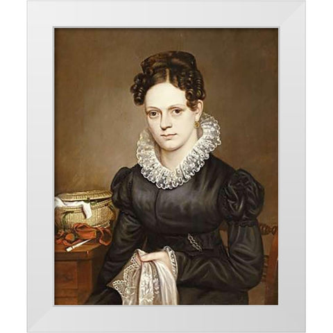 Portrait of a Lady With a Sewing Basket White Modern Wood Framed Art Print by American School