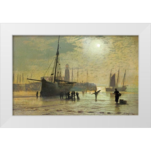 The Lighthouse at Scarborough White Modern Wood Framed Art Print by Atkinson, John Grimshaw