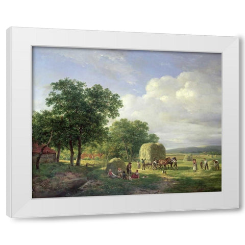 A Wooded Landscape With Haymakers White Modern Wood Framed Art Print by Van De Sande Bakhuyzen, Hendrik