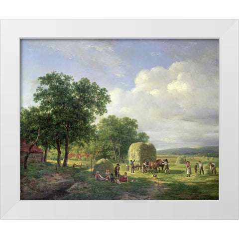 A Wooded Landscape With Haymakers White Modern Wood Framed Art Print by Van De Sande Bakhuyzen, Hendrik