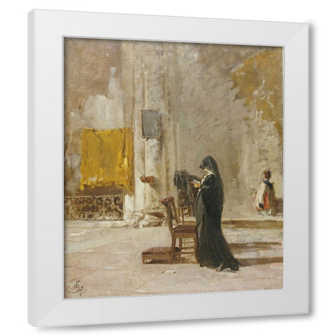 A Lady Praying In Church White Modern Wood Framed Art Print by Bianchi, Mose