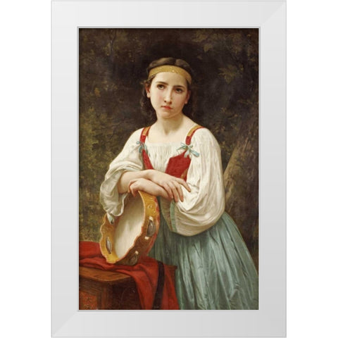 Basque Gipsy Girl With Tambourine White Modern Wood Framed Art Print by Bouguereau, William-Adolphe
