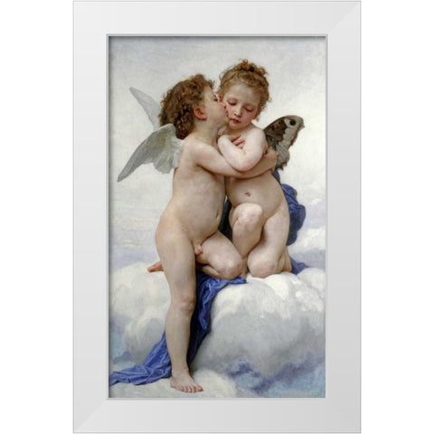 The First Kiss White Modern Wood Framed Art Print by Bouguereau, William-Adolphe