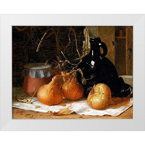 Onions, a Jug and a Ceramic Pot On a Tablecloth White Modern Wood Framed Art Print by Brooker, Harry