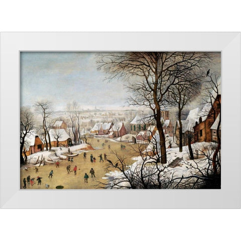 A Winter Landscape With Skaters and a Bird Trap White Modern Wood Framed Art Print by Bruegel, Pieter the Elder
