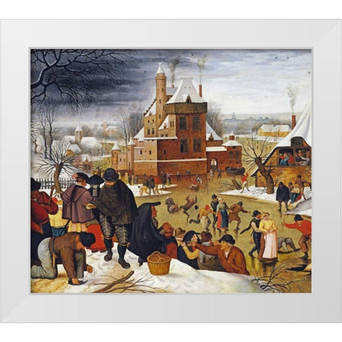 Townsfolk Skating On a Castle Moat White Modern Wood Framed Art Print by Bruegel, Pieter the Elder