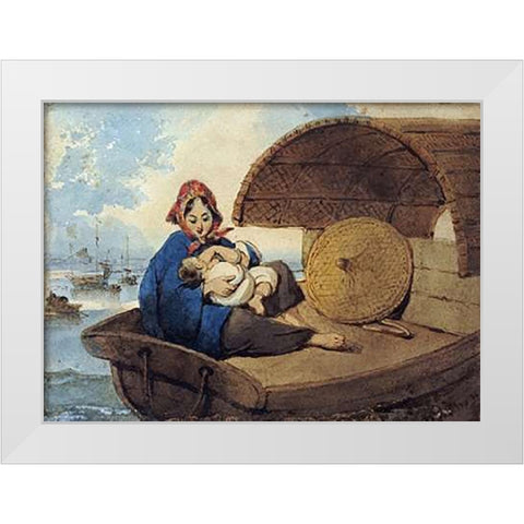 A Tanka Woman With Her Child On a Boat White Modern Wood Framed Art Print by Chinnery, George