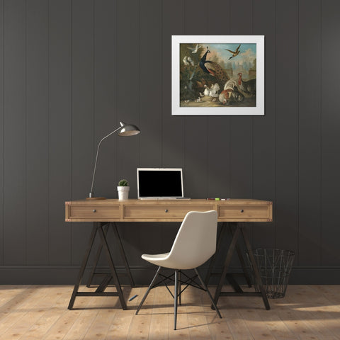 A Peacock and Other Birds White Modern Wood Framed Art Print by Craddock, Marmaduke