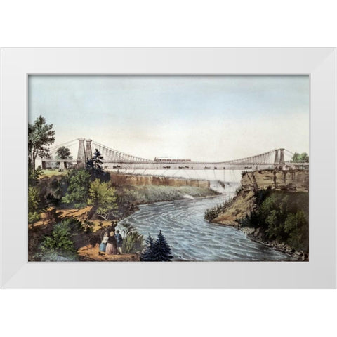 The Rail Road Suspension Bridge White Modern Wood Framed Art Print by Currier and Ives
