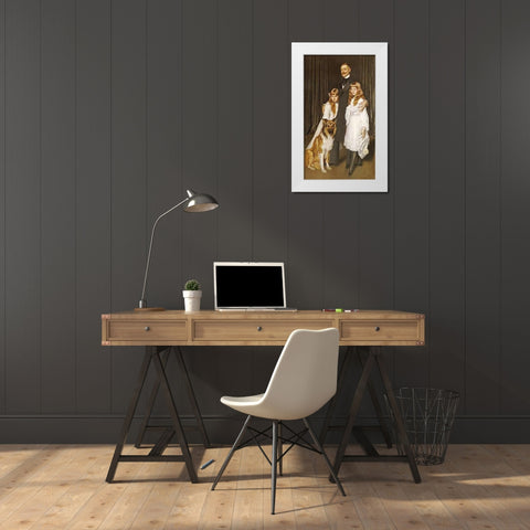 Portrait of a Family With Their Collie White Modern Wood Framed Art Print by De La Gandara, Antonio