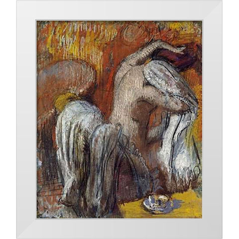 Woman Drying Herself White Modern Wood Framed Art Print by Degas, Edgar