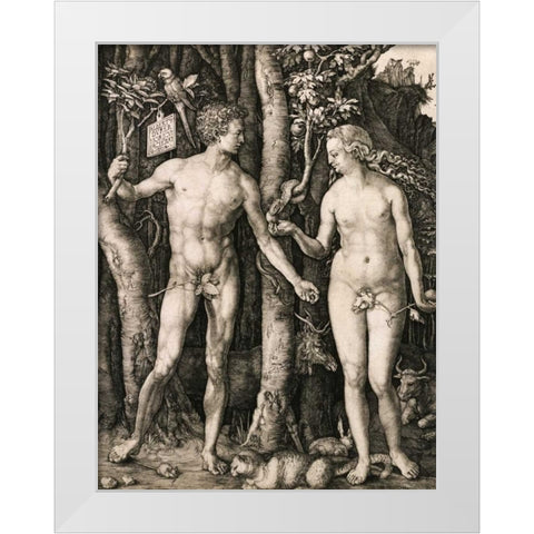 Adam and Eve White Modern Wood Framed Art Print by Durer, Albrecht