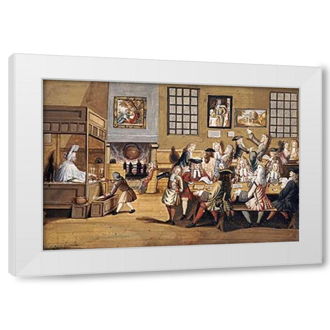 Scene In a London Coffee House White Modern Wood Framed Art Print by English School